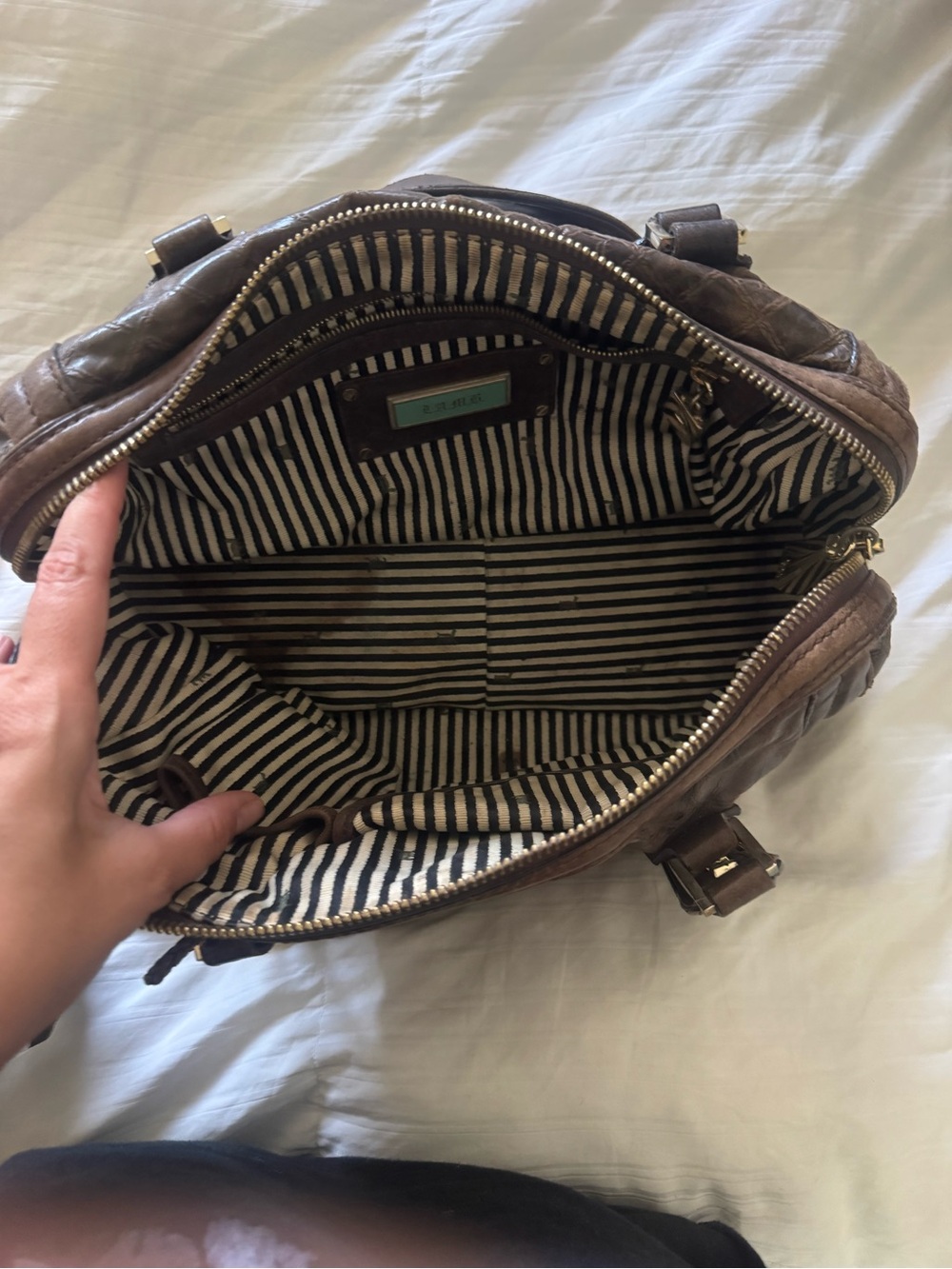 L.A.M.B. Dark Brown Leather Stripe Satchel with Contrast Center Panels. Rare.Y2K - Picture 9 of 11